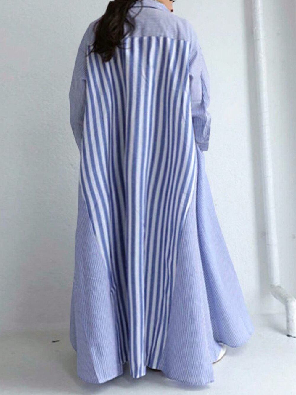 Blue Modest Women's Plus Size Lapel Striped Long Sleeve Casual Shirt Dress - Picture 4 of 4